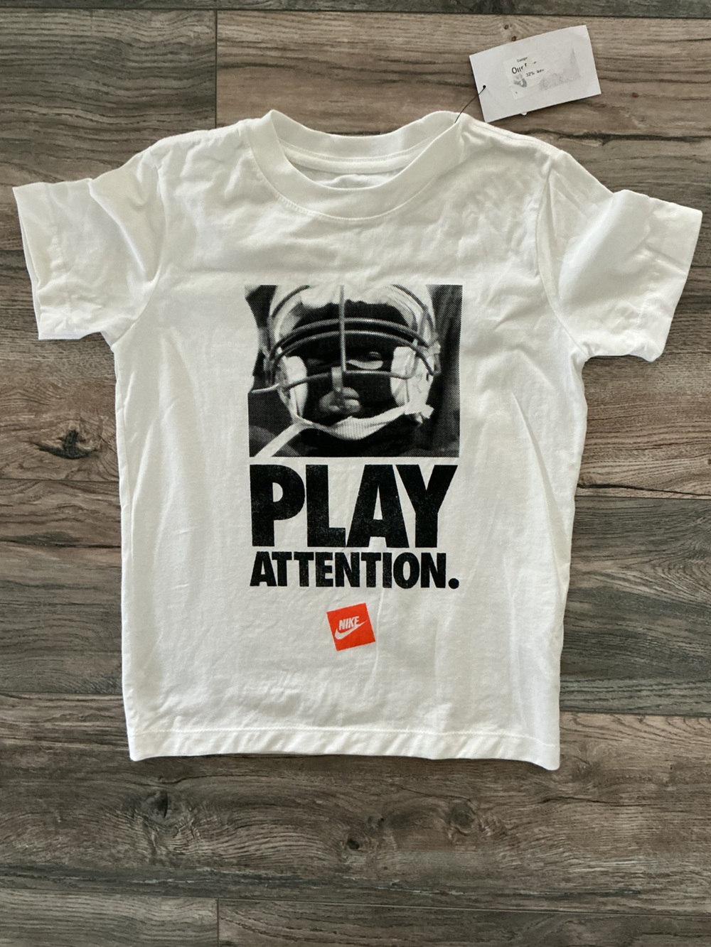 New! Nike White Short-Sleeve 'PLAY ATTENTION.' Graphic Tee with Black Print NWT
